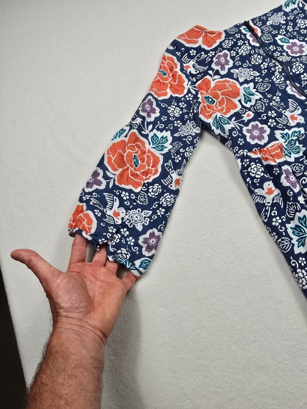 Old Navy Floral Print Dress Navy Orange Purple 3/4 Sleeve Back Zip Womens Medium - Picture 4 of 6